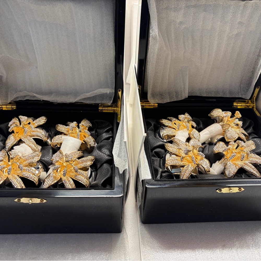 Isabella Adams Gold and Crystal Flower Napkin Rings - 2 sets of 4